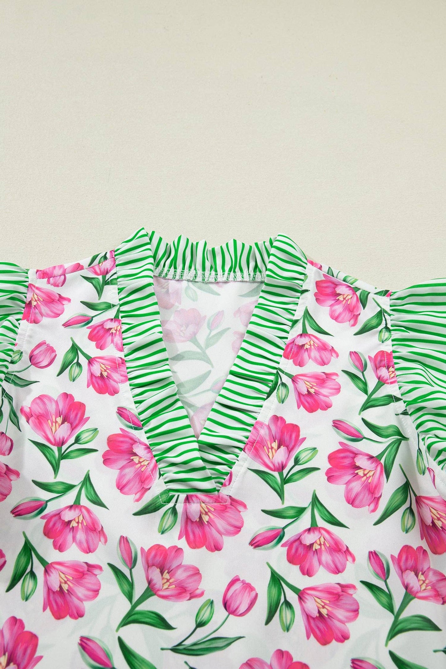 Multicolour Sweet Floral Print Striped Ruffle Trim V Neck Blouse: Multicolour / 100%Polyester / XL