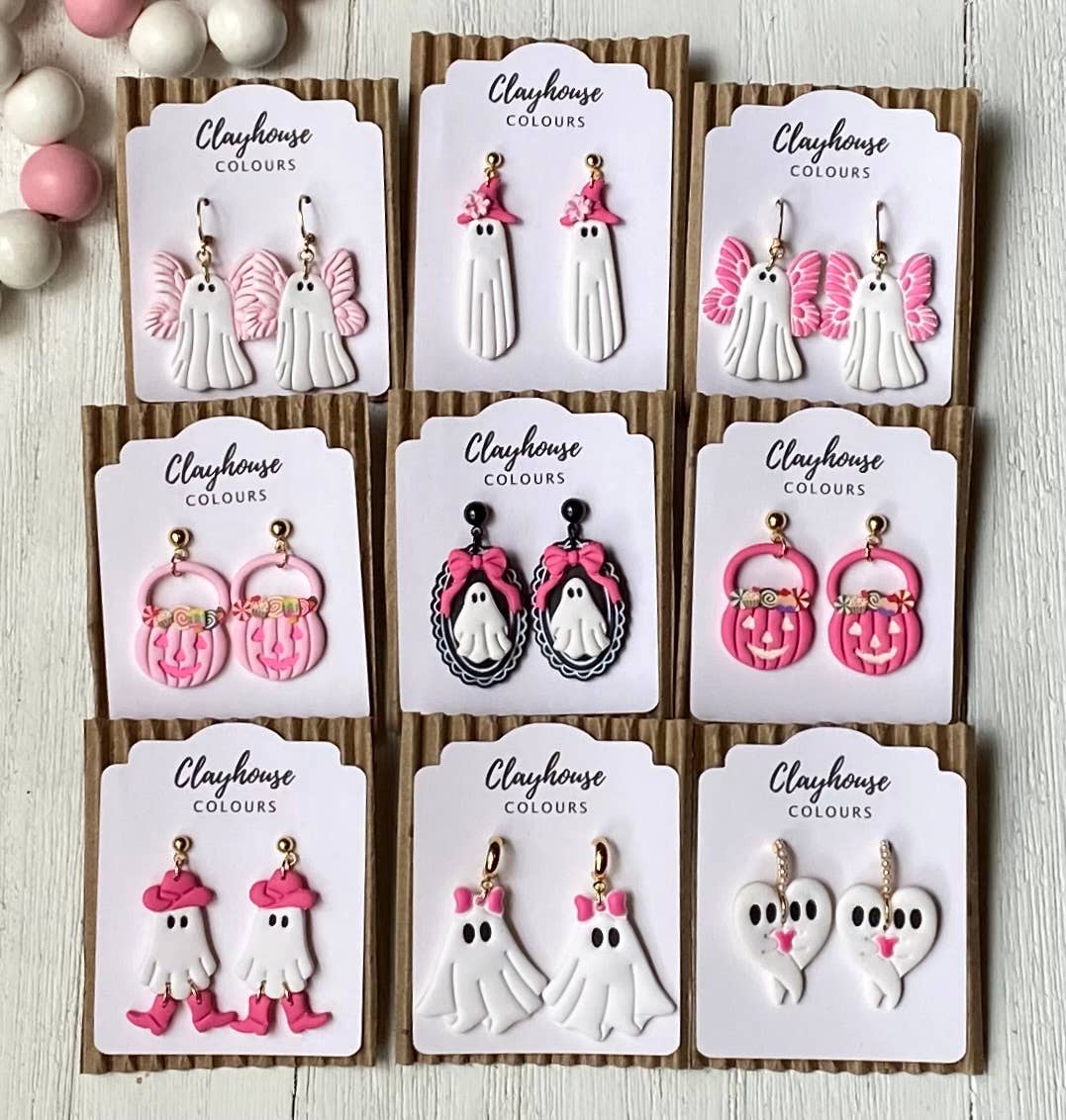 Pink Halloween Earrings | Fall Earrings : Ghost with Bows