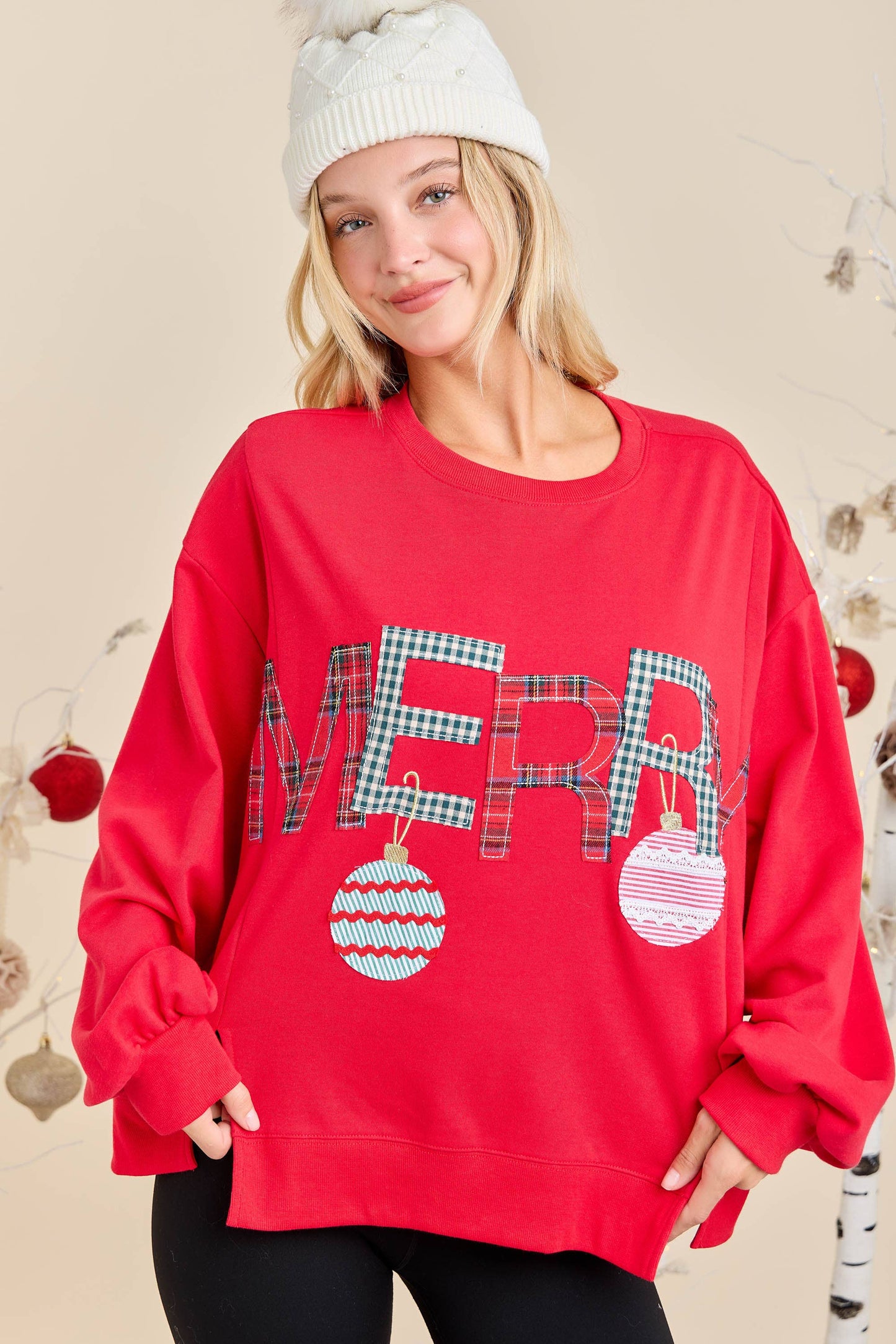 Merry With Ornament Patchwork Oversized Long Sleeve Top: HUNTER GREEN / M