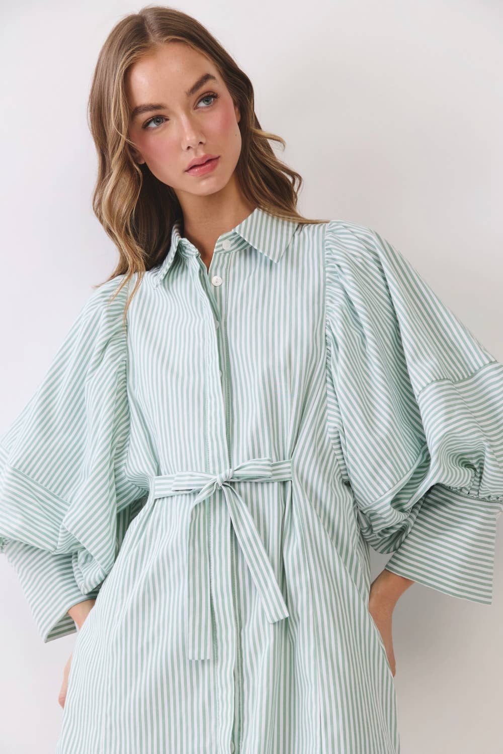 Statement Sleeve Mini Shirt Dress REMI245-S : PINK STRIPE / L
