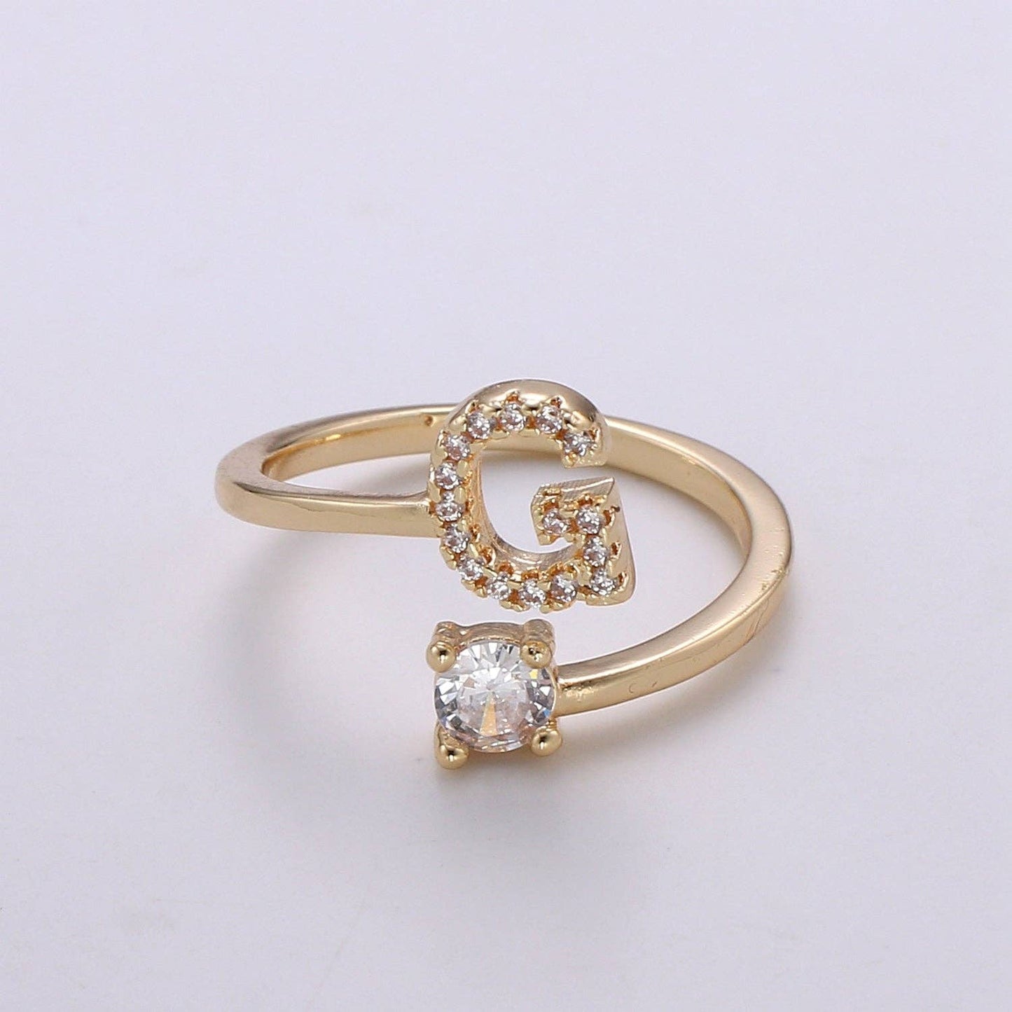 Adjustable Gold Initial Ring With CZ R370~R395: E