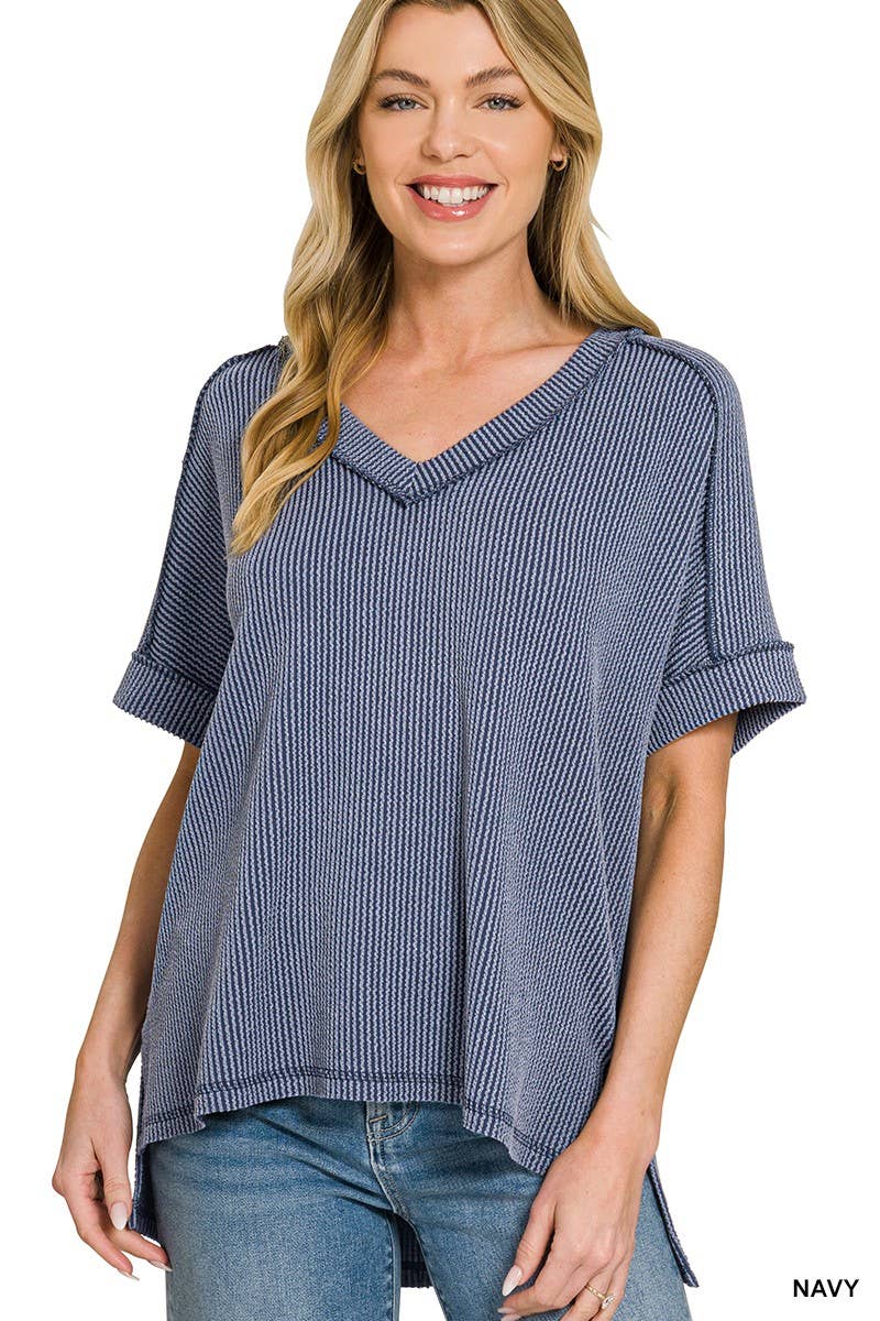 Raised Rib Short Sleeve Hi-low V Neck Top: RUBY / 3-3(S/M-L/XL)