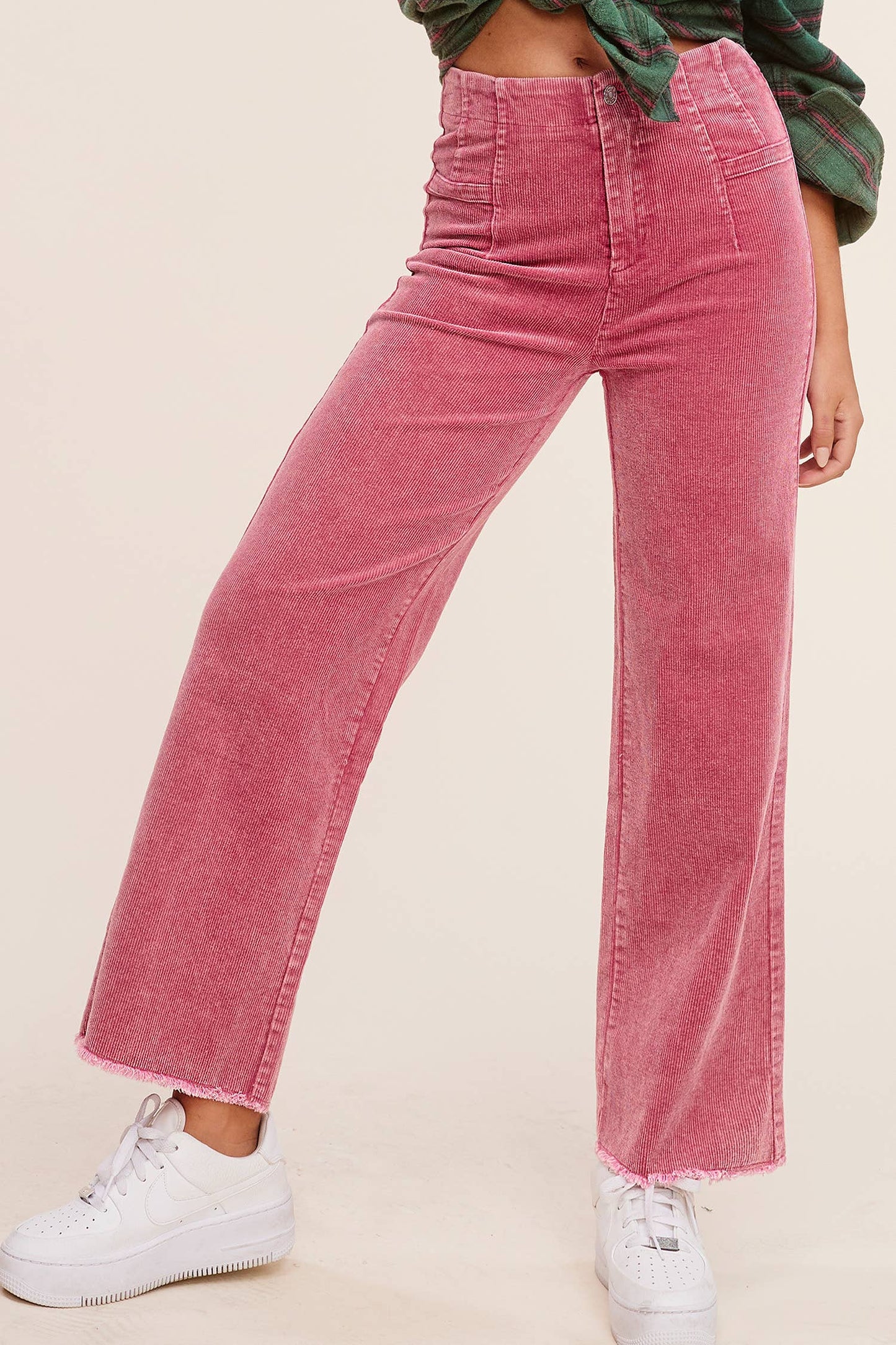 MCP4220-Mineral Washed High Waisted Wide Leg Corduroy Pants: Brown / M