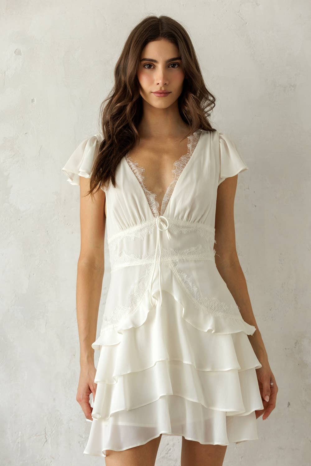 JD7934B- LACE TRIM TIERED MINI DRESS: IVORY / S