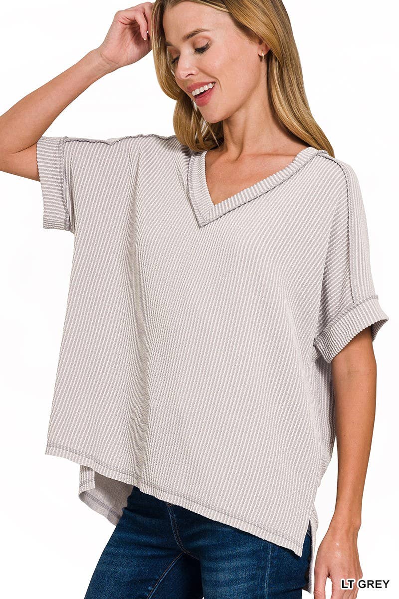 Raised Rib Short Sleeve Hi-low V Neck Top: RUBY / 3-3(S/M-L/XL)