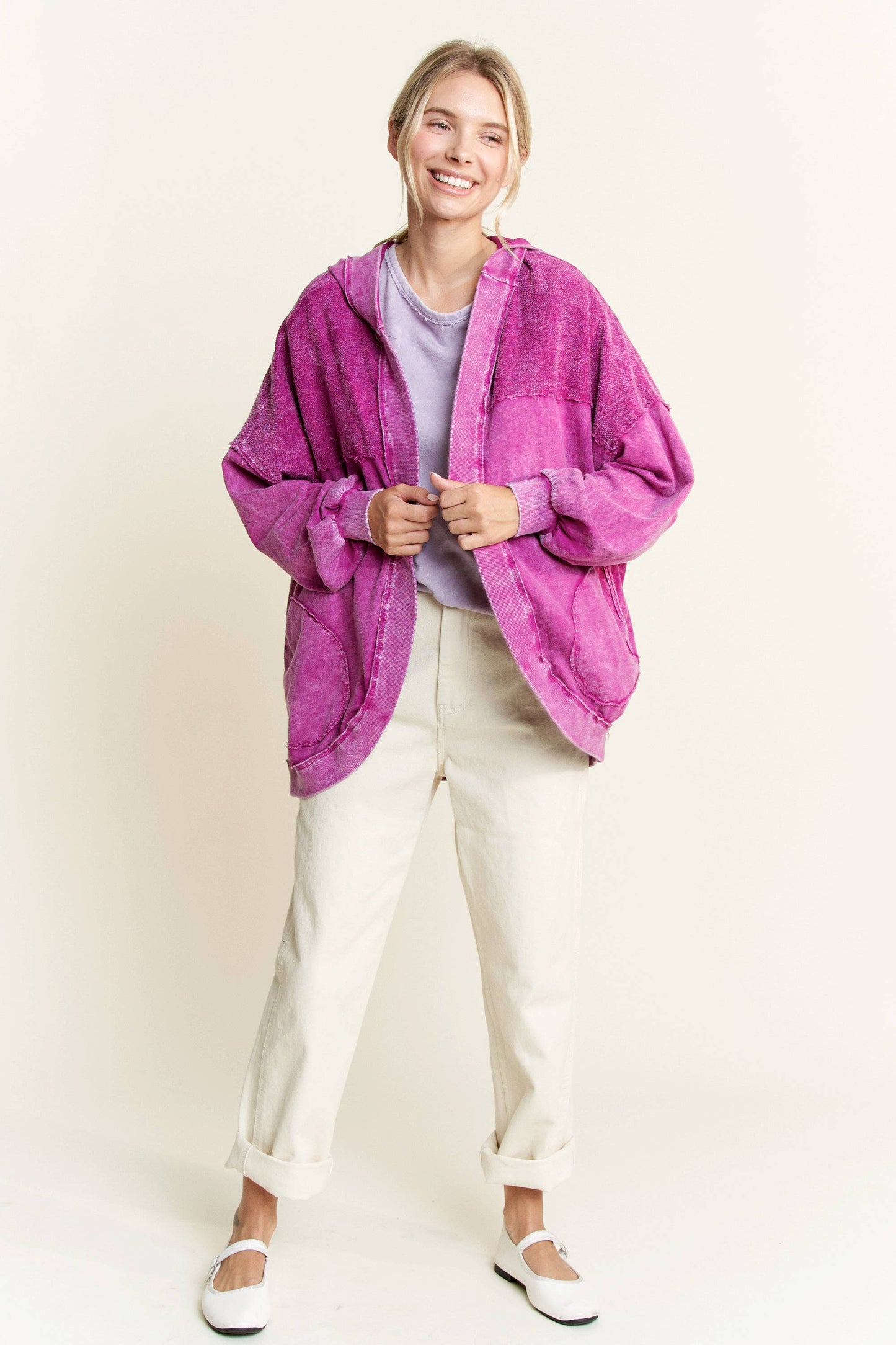 Mineral Wash Open Terry Cardigan with peace sign HT6086: Latte / S-M-L / 2-2-2