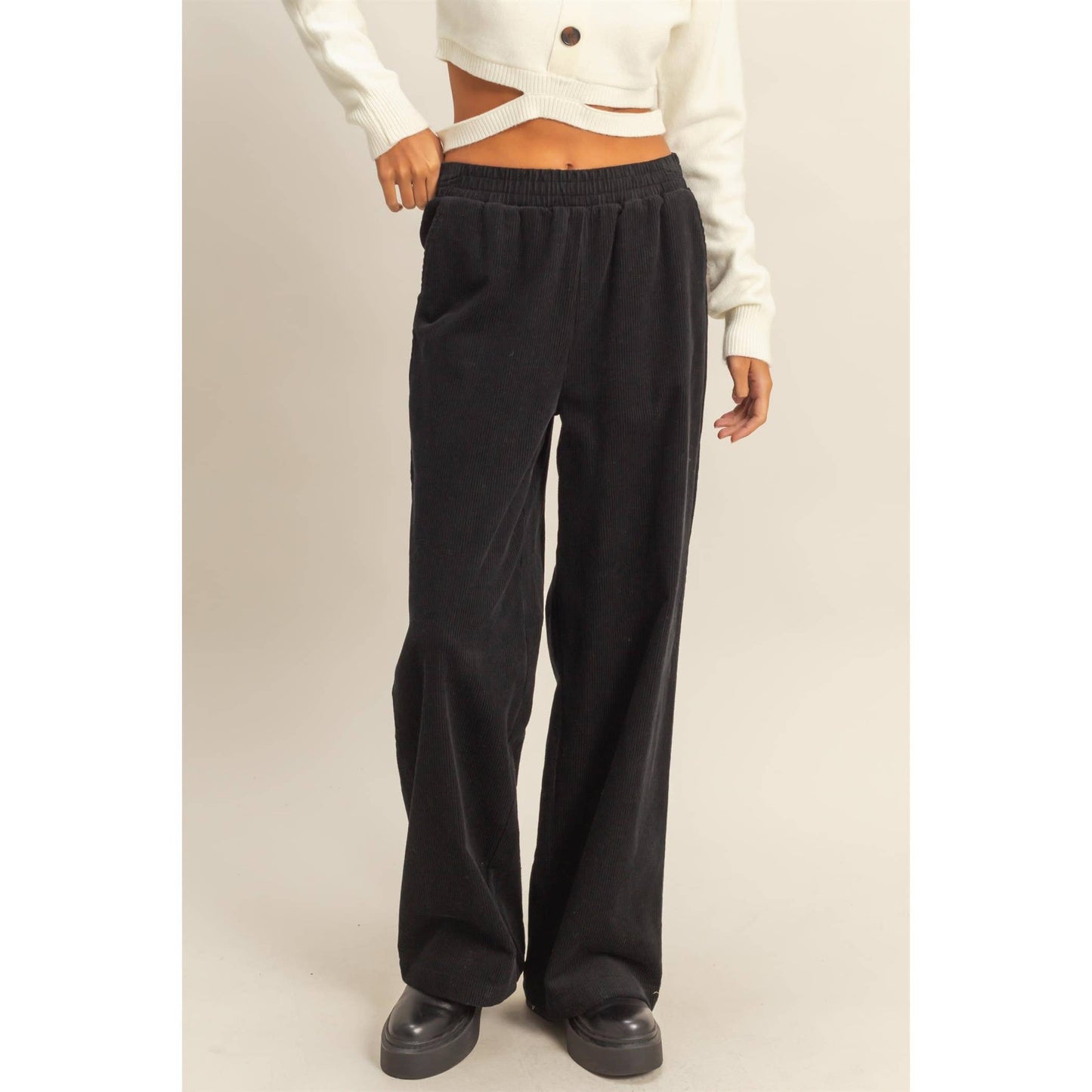 Corduroy High-Waisted Wide Leg Pants: BLACK / S-M-L(2-2-2)