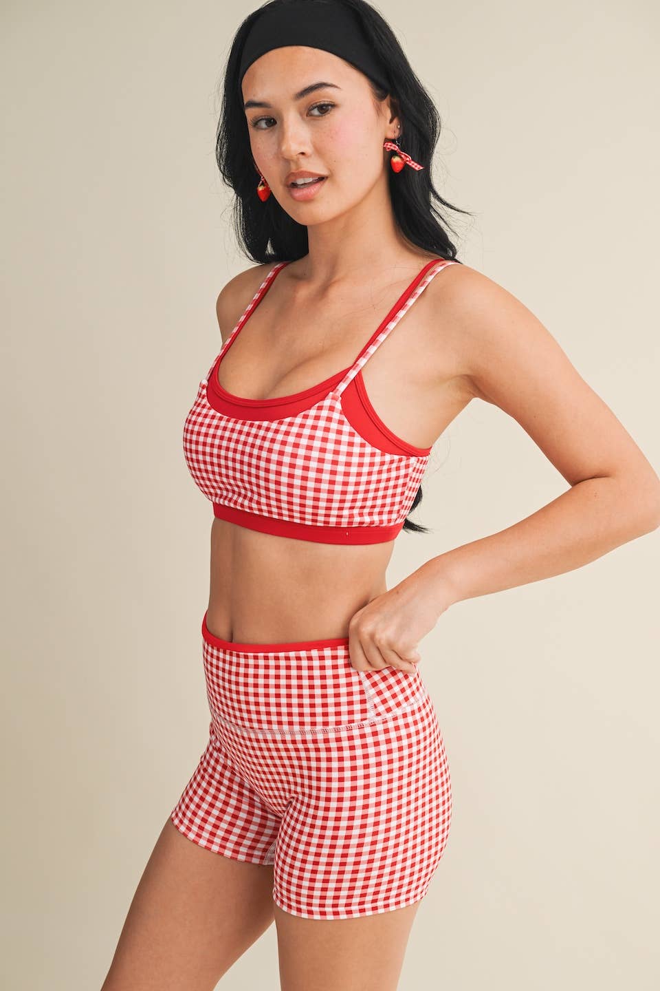 Gingham Print Double Layered Sports Bra: Red Gingham / M