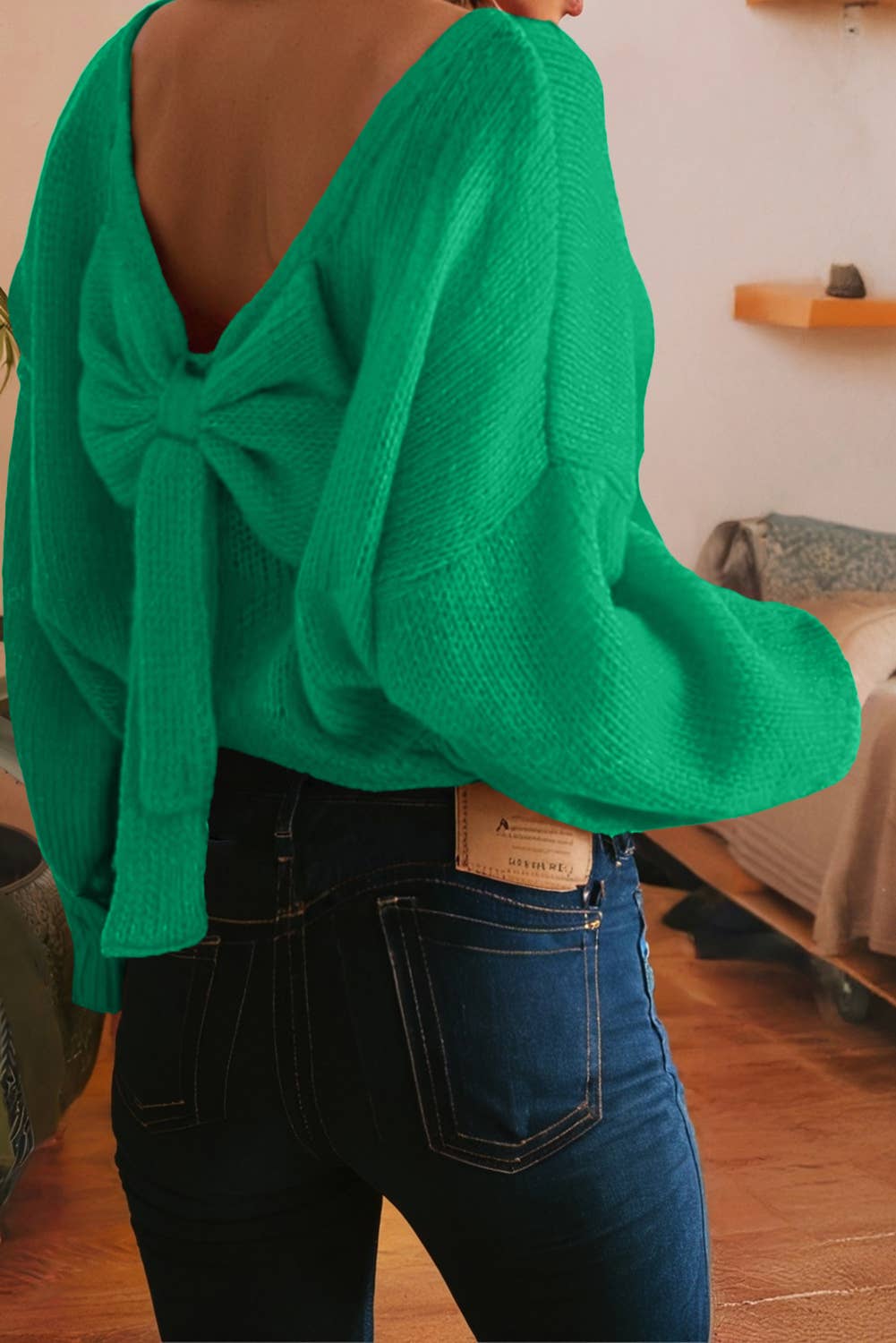 LDC Bow Backless Bubble Sleeve Festive Sweater: Fiery Red / L