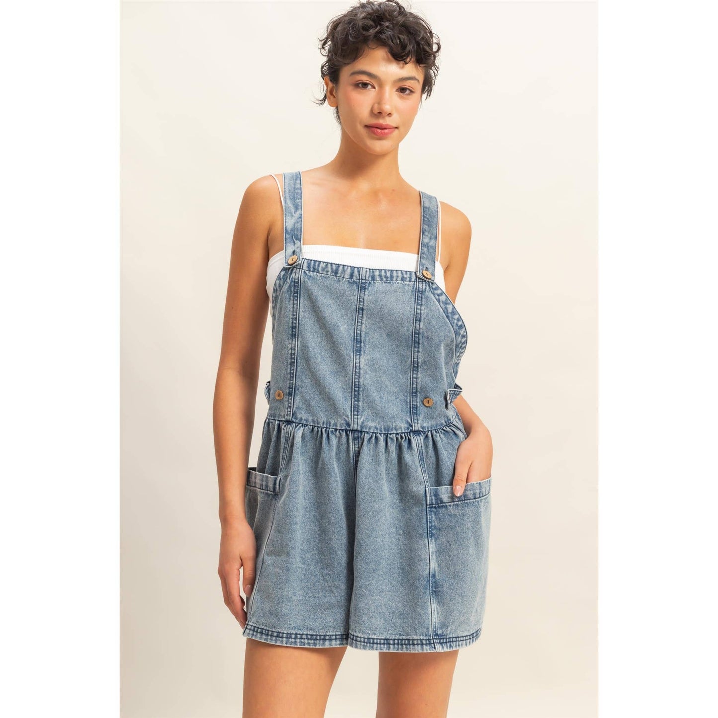 DZ25C871-Sleeveless Pocketed Overall Denim Romper: LIGHT DENIM / S-M-L(2-2-2)