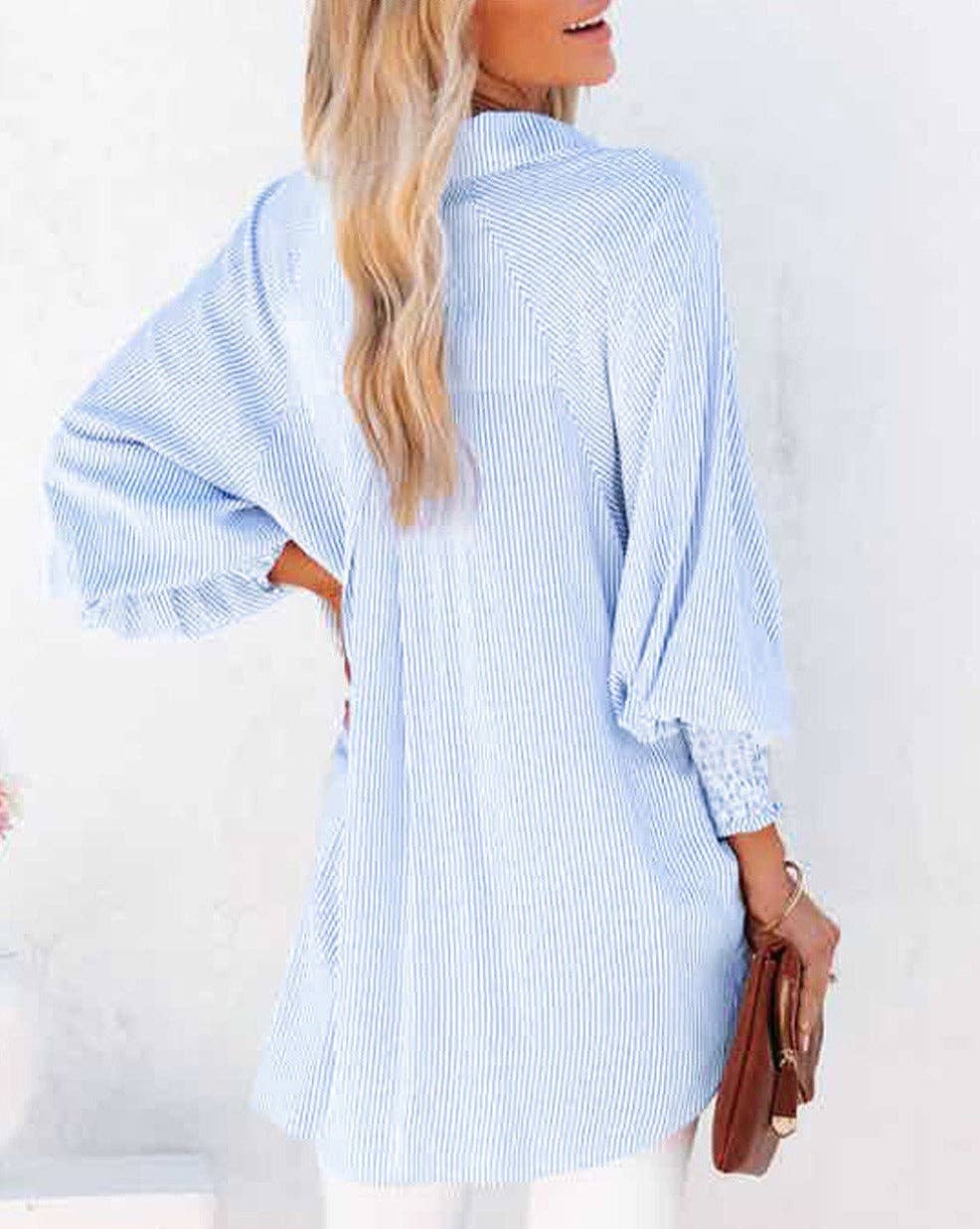 Stripe Smocked Cuff Pocketed Shirt: Sky Blue / S