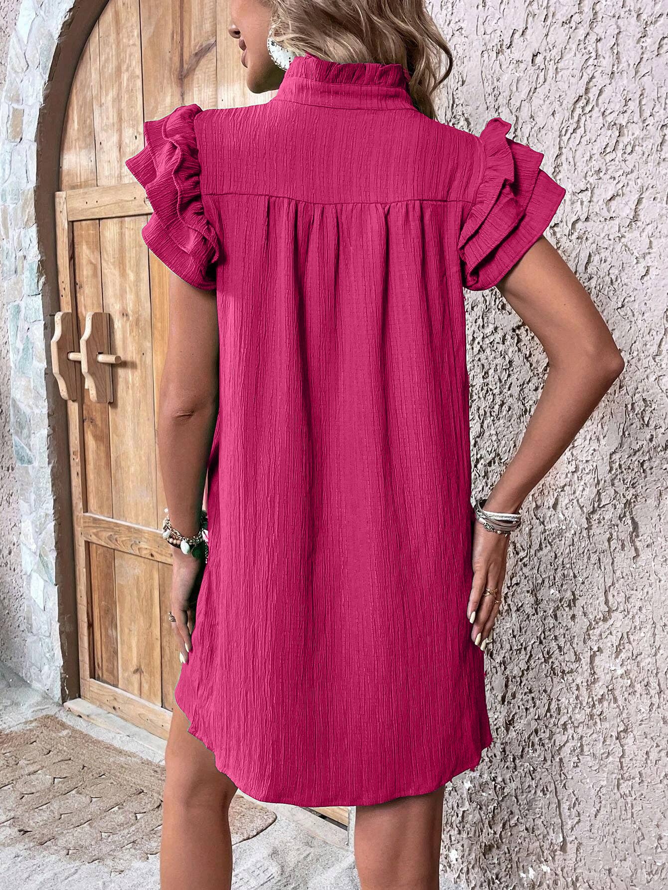 MULTI-LAYER LOTUS SLEEVE V-NECK PULLOVER DRESS: RED / (XL) 1