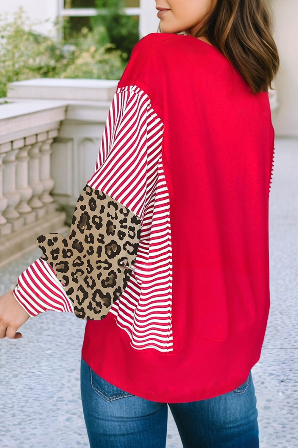 LDC Striped Patchwork Sleeve Colorblock Sweatshirt: Fiery Red / M
