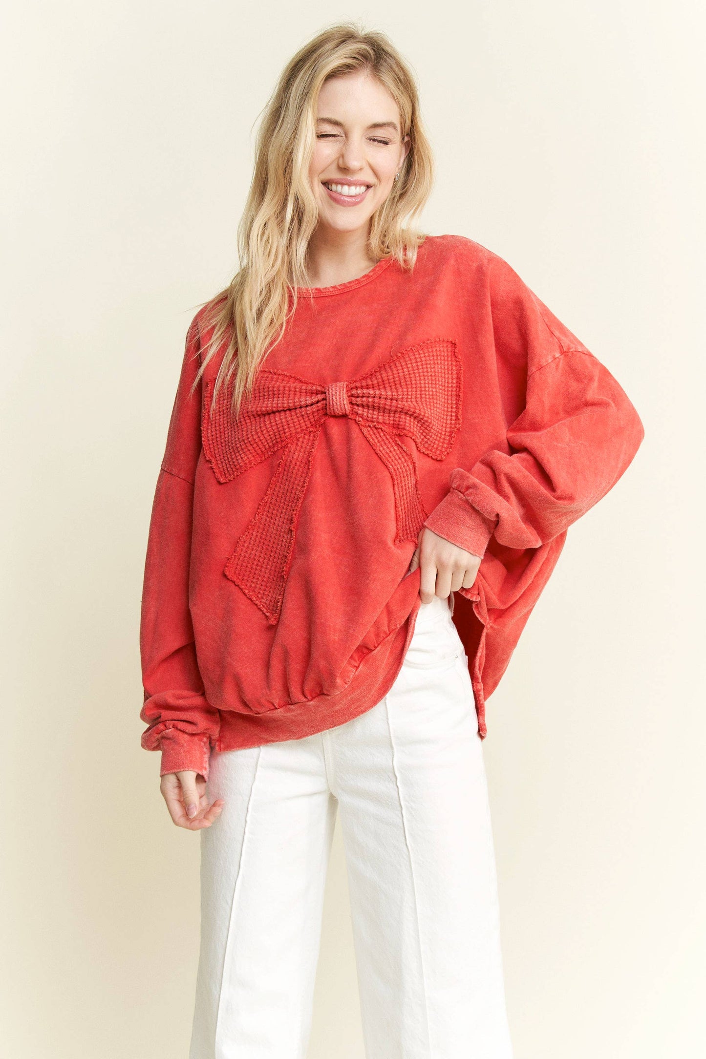 I'm a gift for you Waffle Ribbon bow terry top HT6129: Denim Blue / S-M-L / 2-2-2