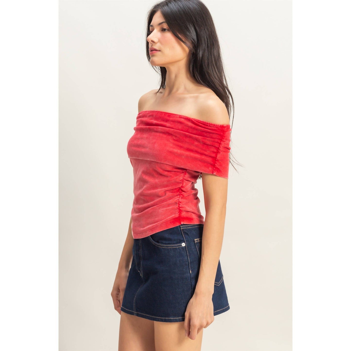 Off-The-Shoulder Side Ruched Top: RED / S-M-L(2-2-2)