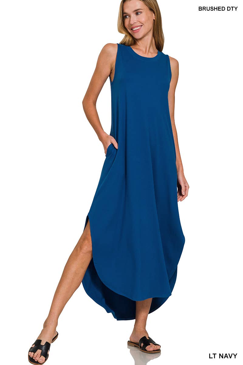 Brushed Dty Side Slit Dress With Pockets: BLACK / 1-1-1-1 (S-M-L-XL)