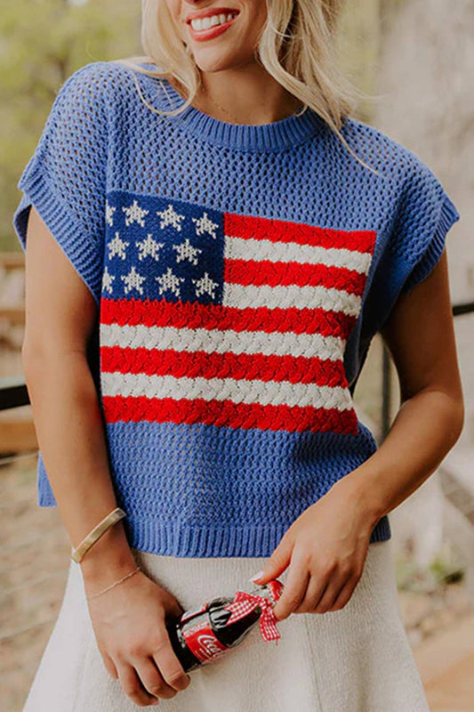 Blue American Flag Knit Short Sleeve Sweater Top: Sky Blue / 100%Acrylic / S