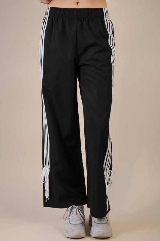 NP70839-Side Ribbon Detail Jersey Pants: BLACK / S-M-L/2-2-2