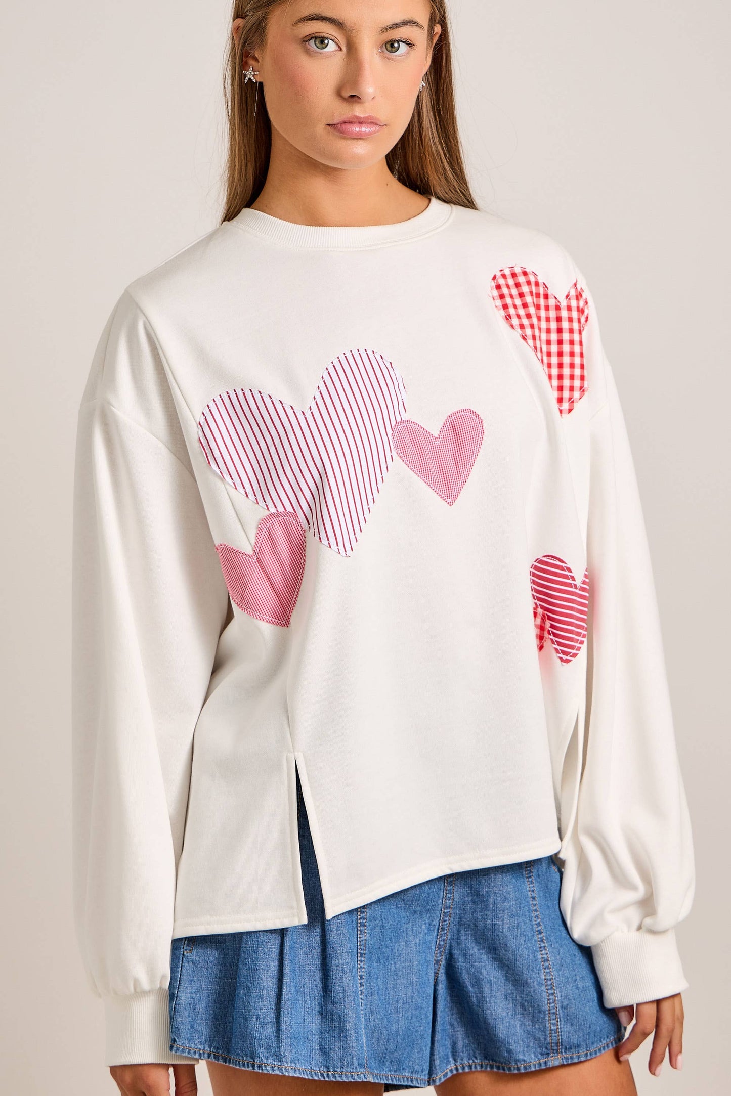 Red Heart Patchwork Sweatshirt – Valentine Pullover: RED / L