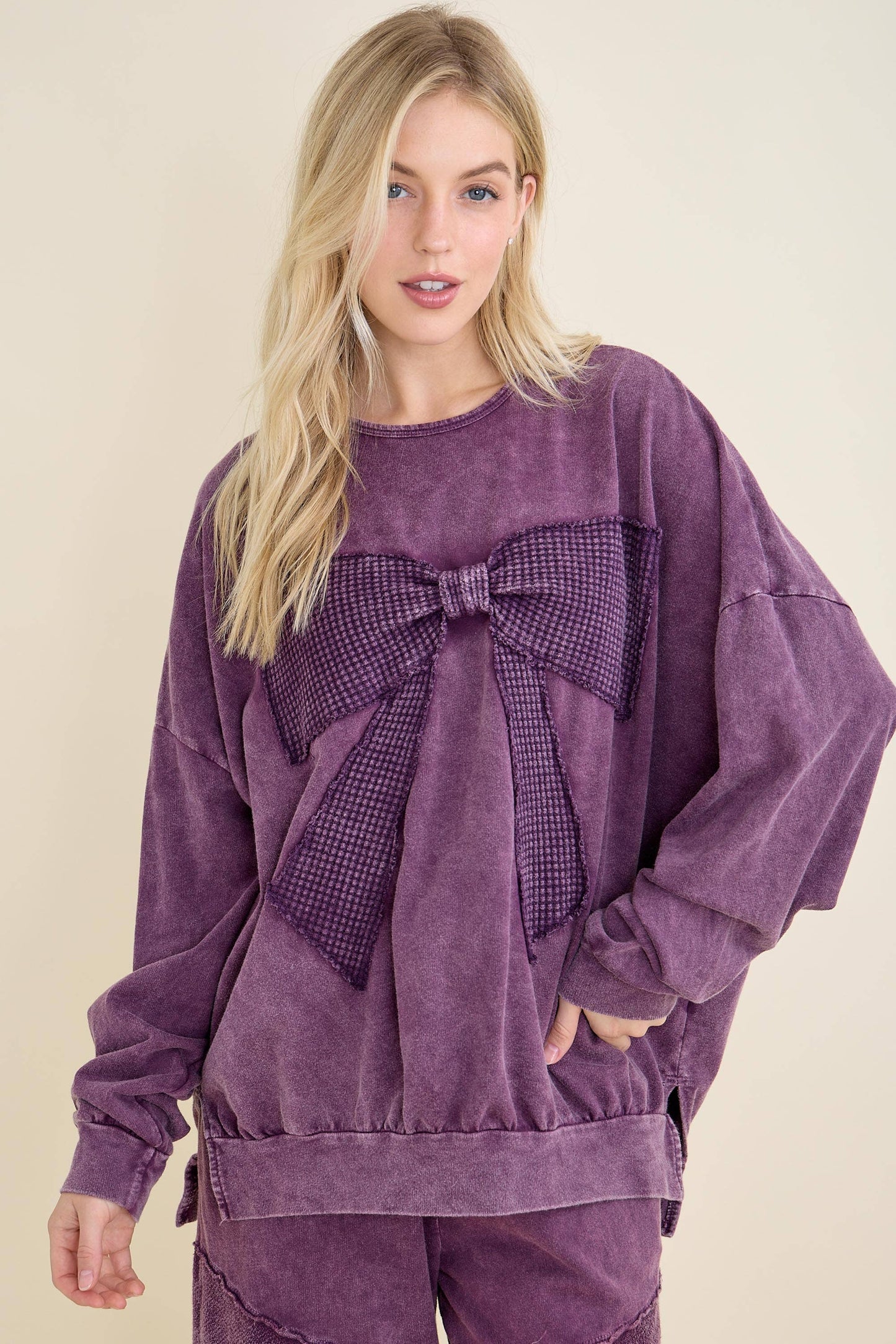 I'm a gift for you Waffle Ribbon bow terry top HT6129: Midnight Green / S-M-L / 2-2-2