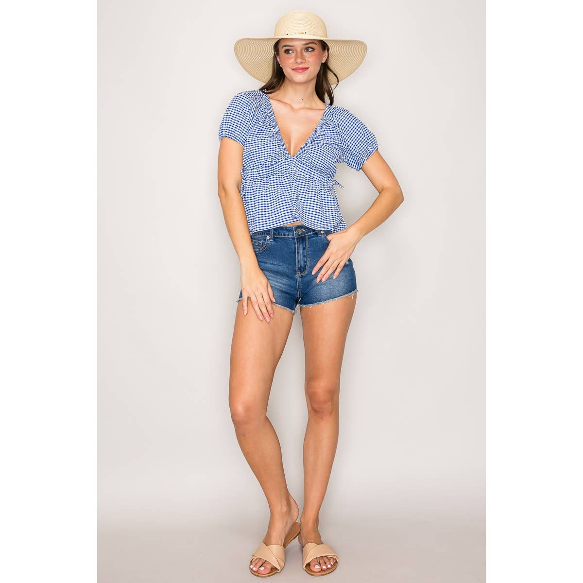 Gingham V-Neck Top with Side Tie and Puff Sleeve: Light Blue / White / S-M-L(2-2-2)