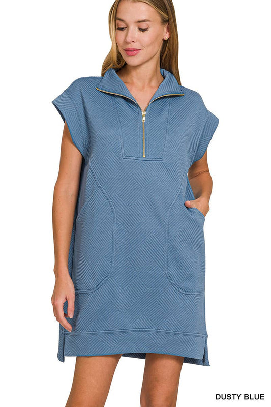 Textured Knit Jacquard Quarter Zipper Mini Dress: DUSTY BLUE / 2-2-2 (S-M-L)