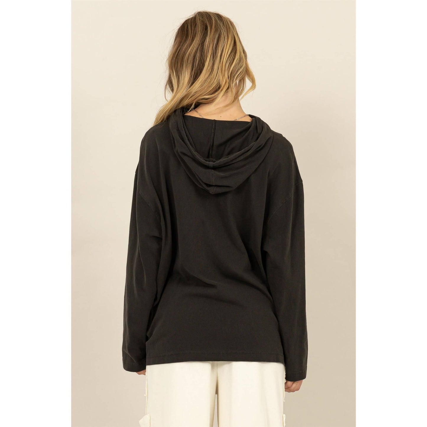 Oversized Hooded Long-Sleeve Top: BLACK / S-M-L(2-2-2)