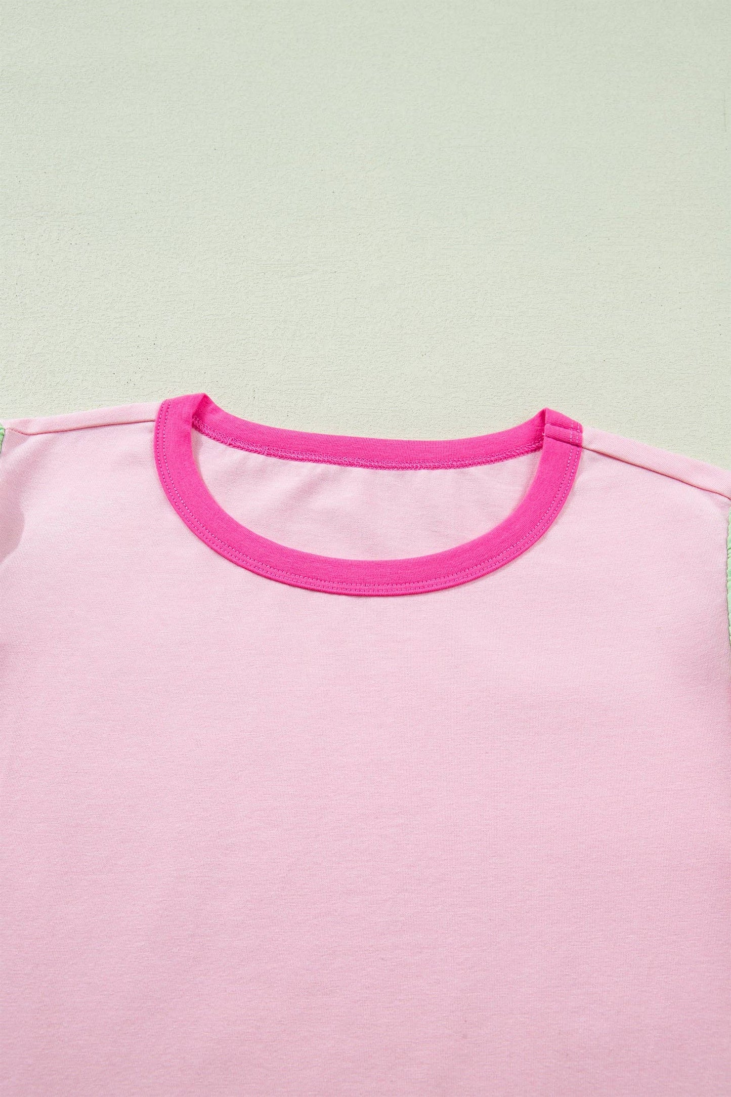 Pink Colorblock Flutter Sleeve Round Neck T Shirt: Pink / 95%Cotton+5%Elastane / L