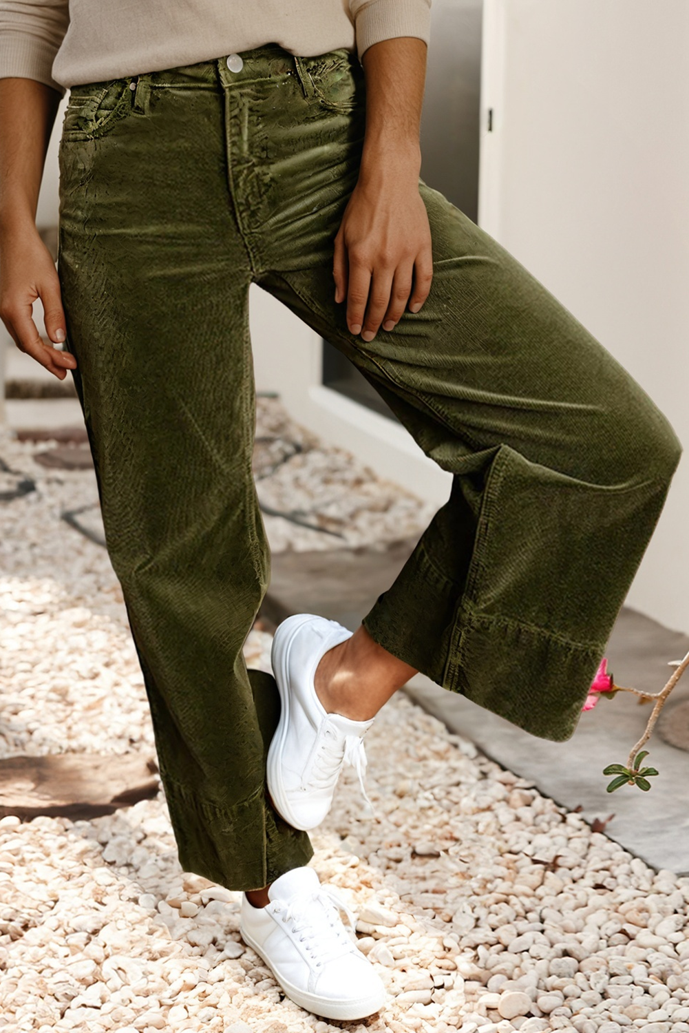 LDC Solid Color High Waist Corduroy Wide Leg Pants: Vineyard Green / M