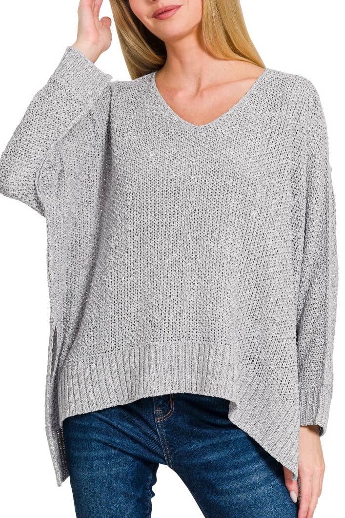 Dolman Sleeve V-Neck Sweater: LT GREY / 3-2 (S/M-L/XL)