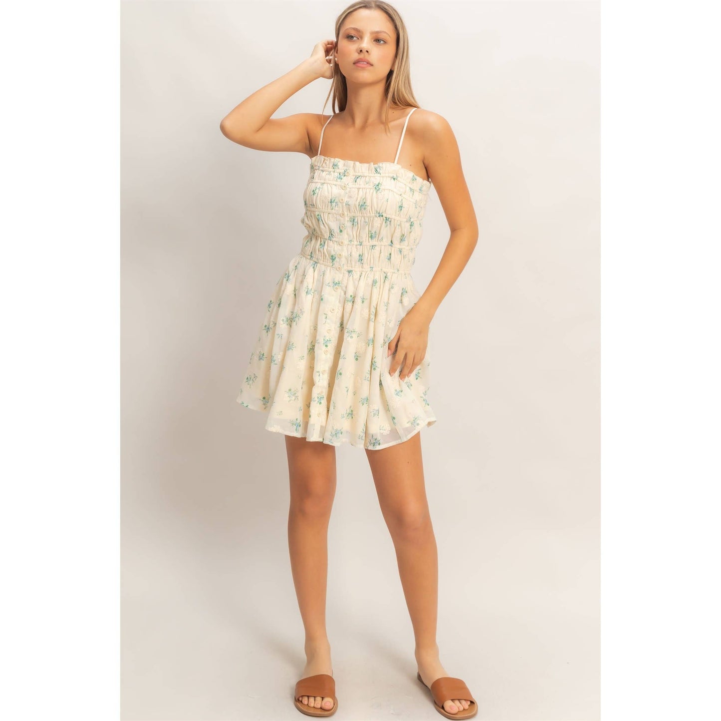 Shirred Floral Button-Front Mini: PINK / S-M-L(2-2-2)