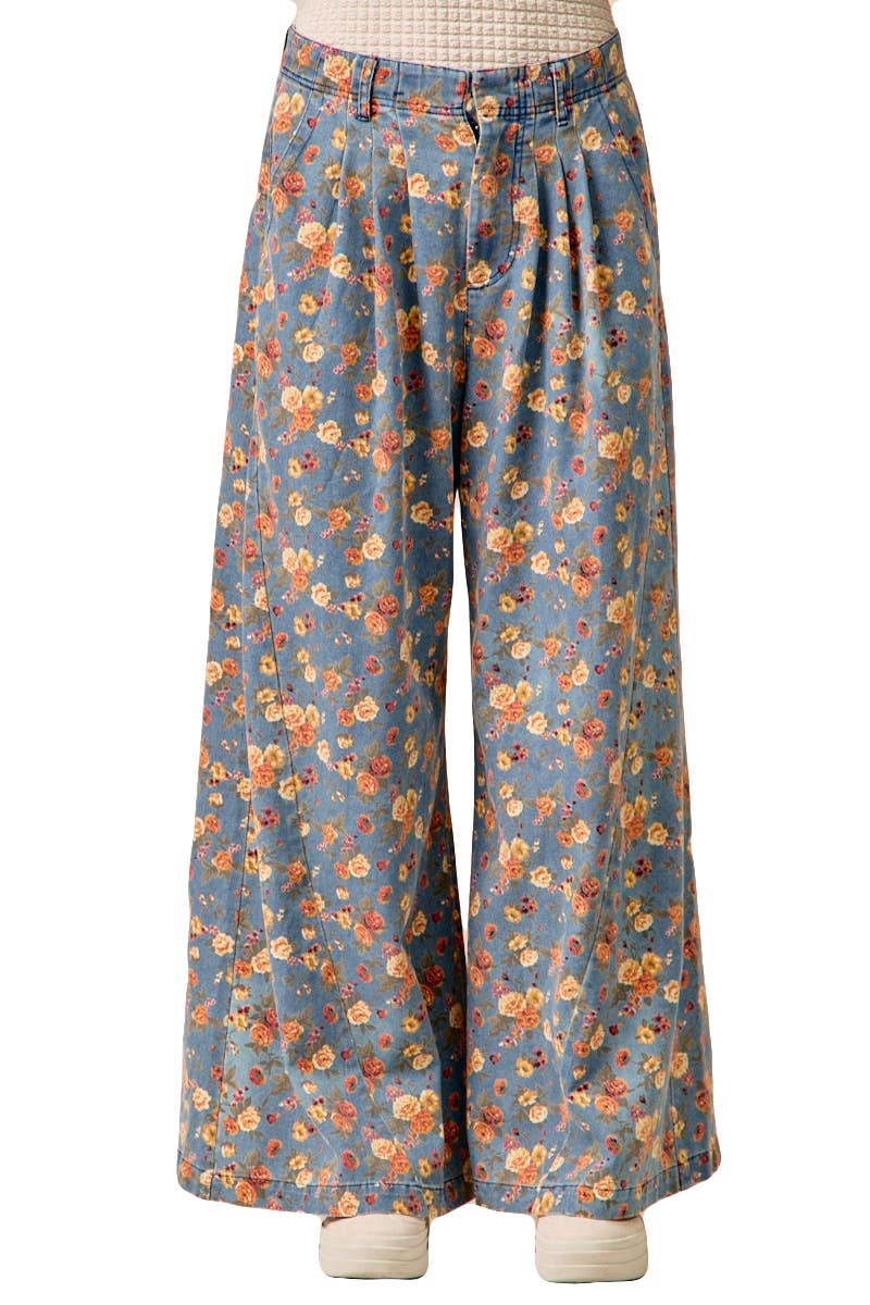 Vintage Washed Floral Printed Wide Denim Pants: DENIM / 2-2-2-2(S-M-L-XL)