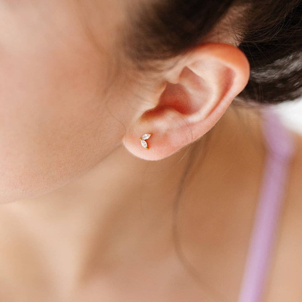 Duo Marquise Stud Earrings - Hypoallergenic, Flat Back, Girl