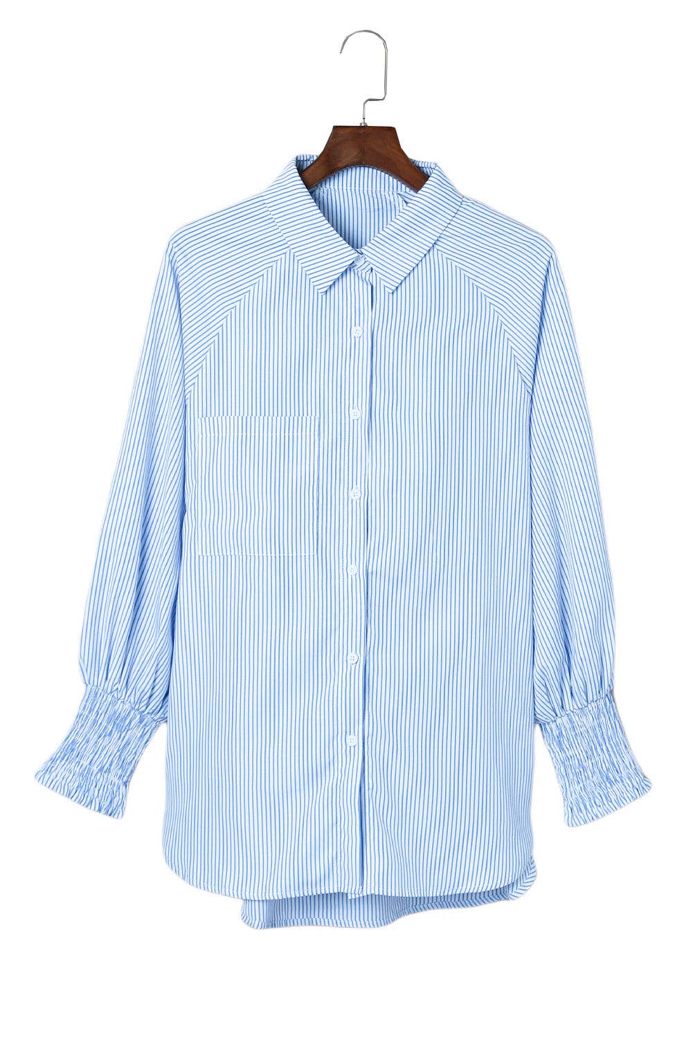Stripe Smocked Cuff Pocketed Shirt: Sky Blue / XL