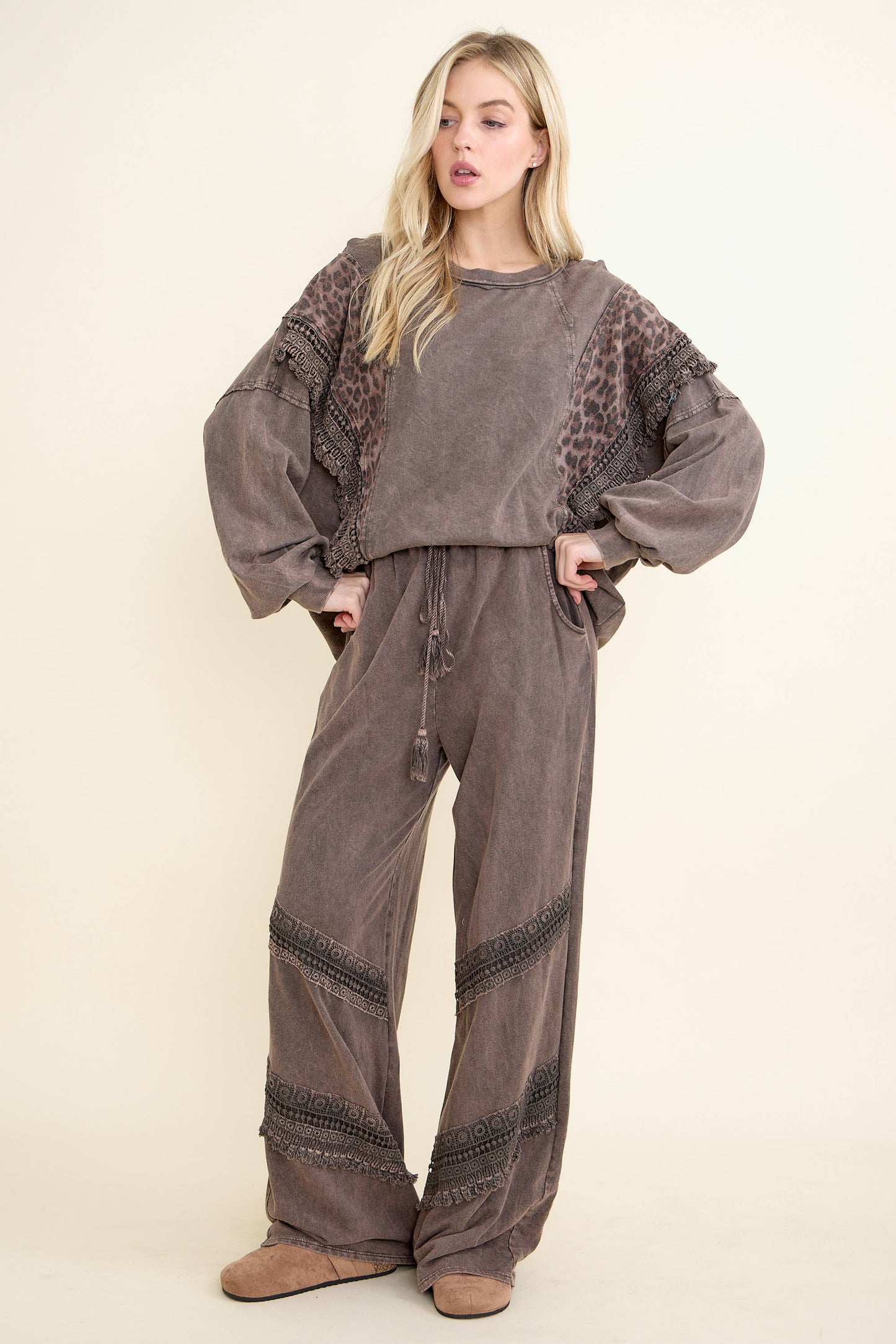 Mineral Washed Cheetah Leopard Fringe tassel top HT6722: Ash Oak / S-M-L / 2-2-2