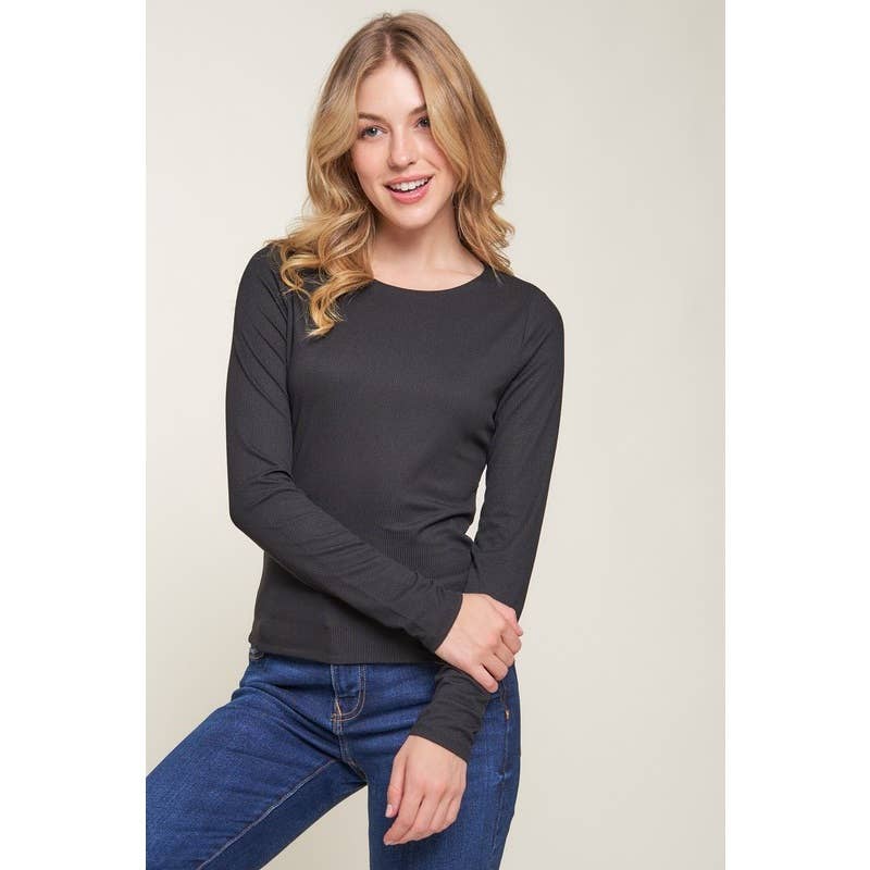 Double Layer Crew Neck Long Sleeve Rib Knit Top: Wine / S-M-L(2-2-2)