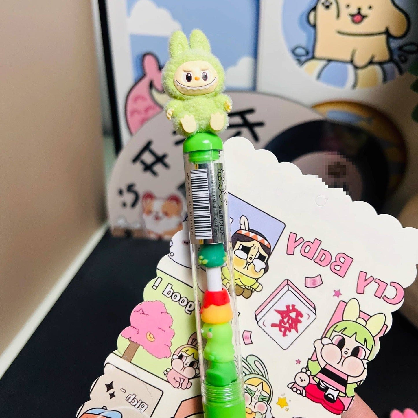 Labubu flocking deco gel pen cute student creative labubu pen: HOT PINK