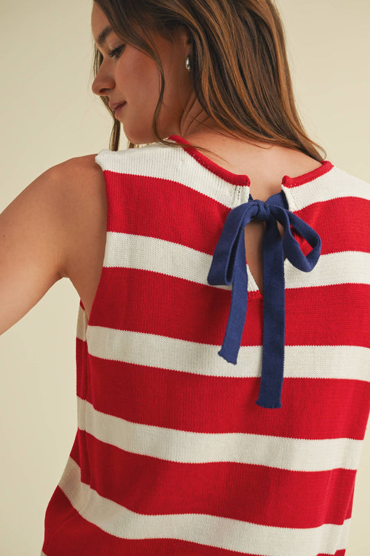CSW18027 - STRIPED SLEEVELESS 4TH OF JULY SWEATER: Red / S