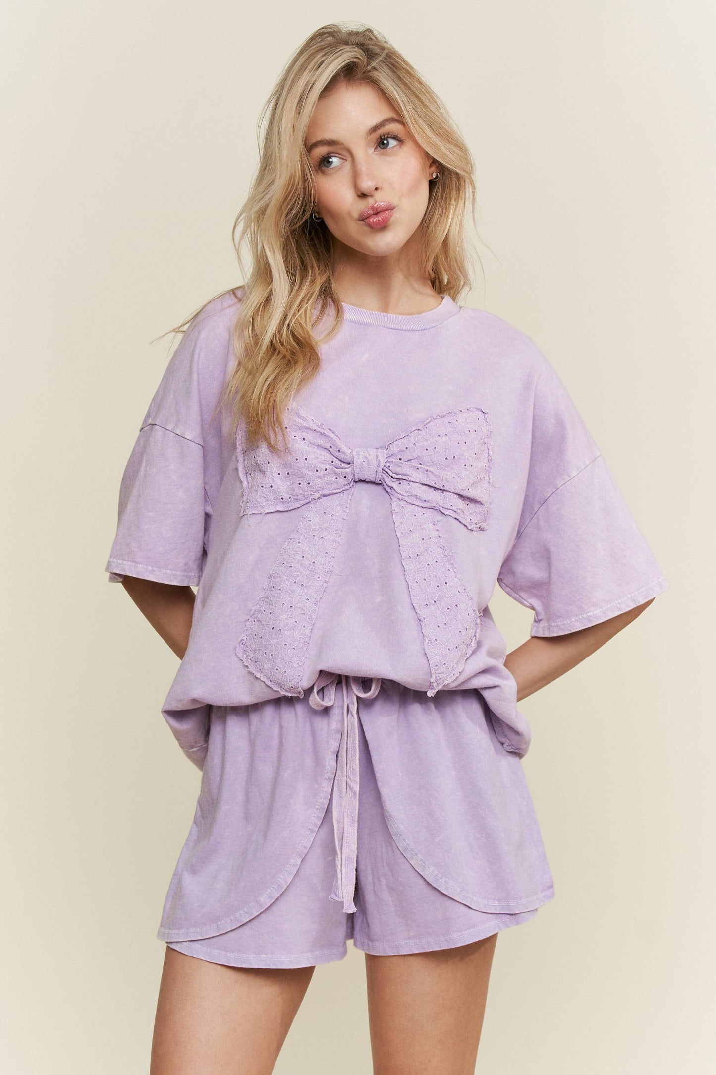 MineralWash Ribbon bow half sleeve shirt HT6308: Silver Grey / S-M-L / 2-2-2