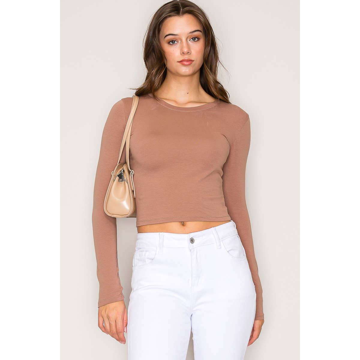 Crew Neck Long Sleeve Cotton Cropped Knit Top: Chili Oil / S-M-L(2-2-2)