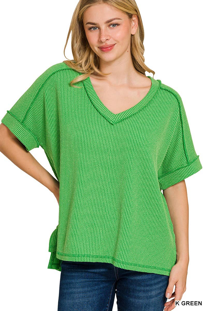 Raised Rib Short Sleeve Hi-low V Neck Top: RUBY / 3-3(S/M-L/XL)