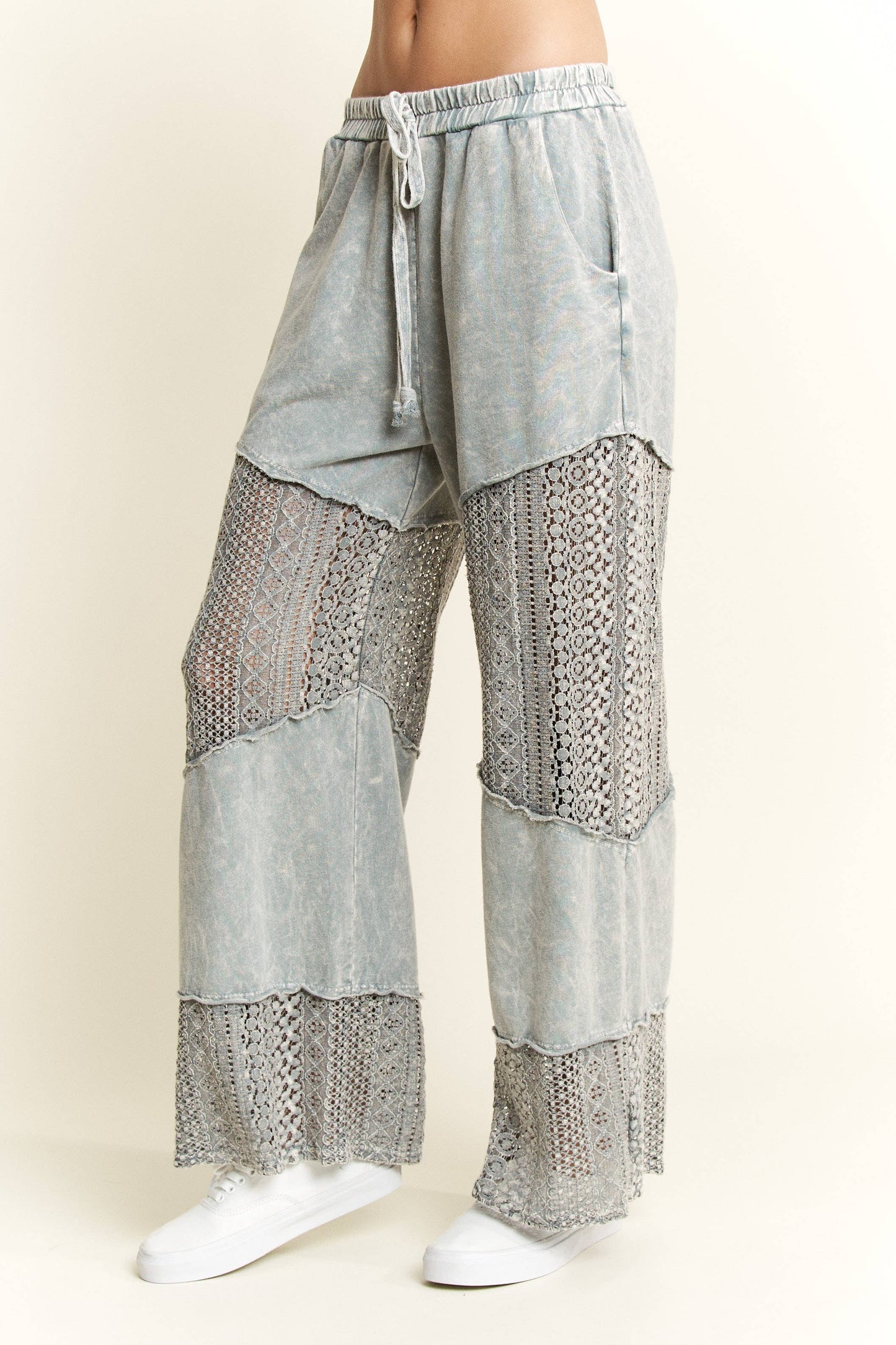 Mineral Washed Lace See through Breezy pants HP6335.: Silver Grey / S-M-L / 2-2-2