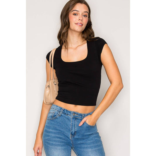 Double Layer Square Neck Cap Sleeve Top: Black / S-M-L(2-2-2)