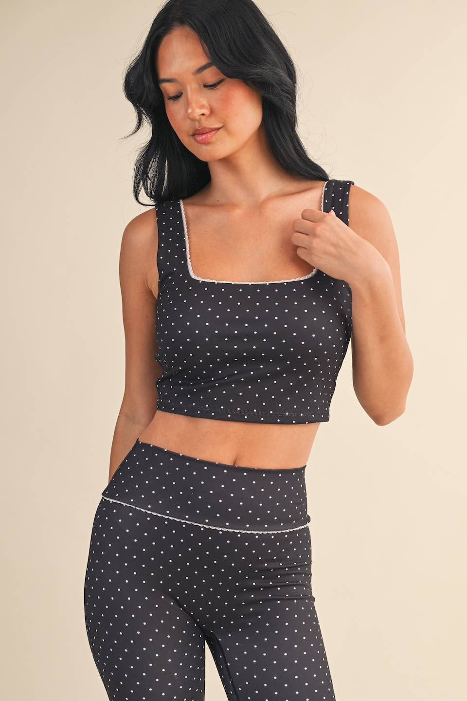 Polka Dot Print Crop Tank with Lace Trim: Black Polka Dot / L