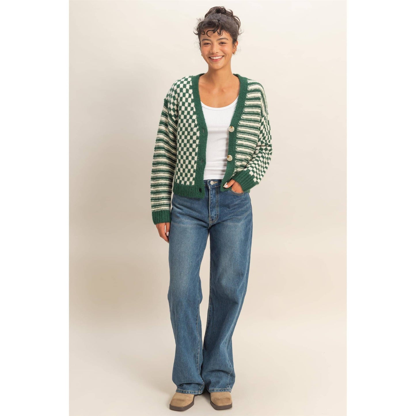 Checker And Stripe Contrast Knit Cardigan Sweater: SOFT PINK/CREAM / S-M-L(2-2-2)