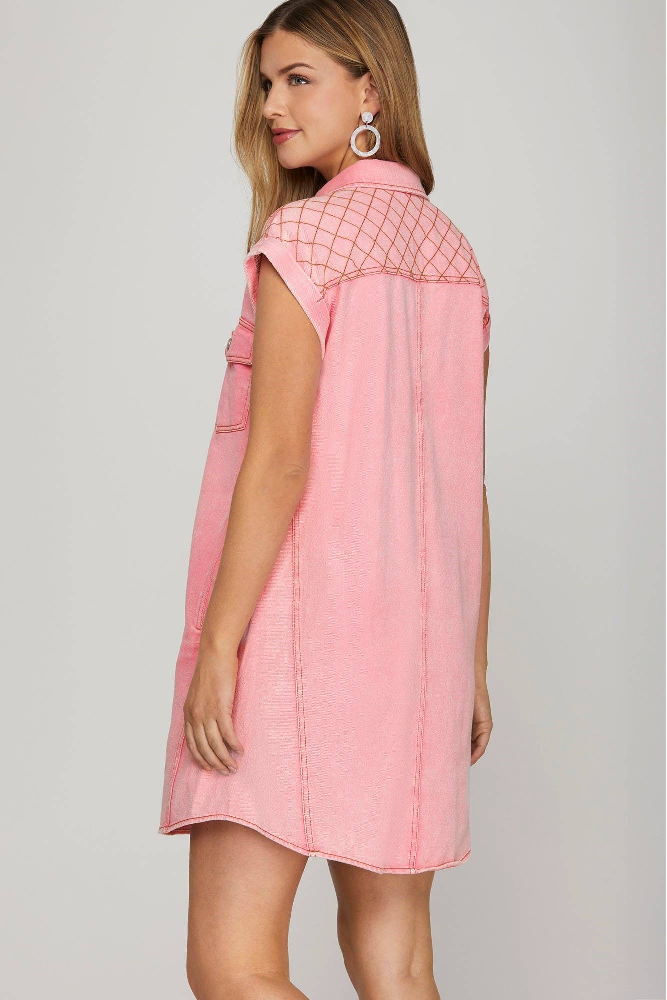 Cap Sleeve Stitched Shoulder Utility Washed Twill Dress: BLUE / 2-2-2 (S-M-L)