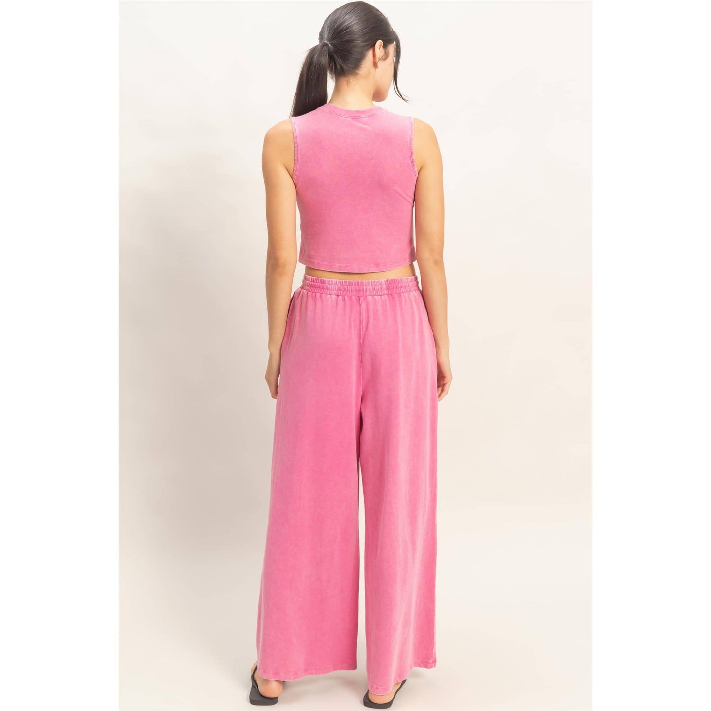 Mineral Washed Sleeveless Top & Wide Leg Pants Set: DARK TEAL / S-M-L(2-2-2)