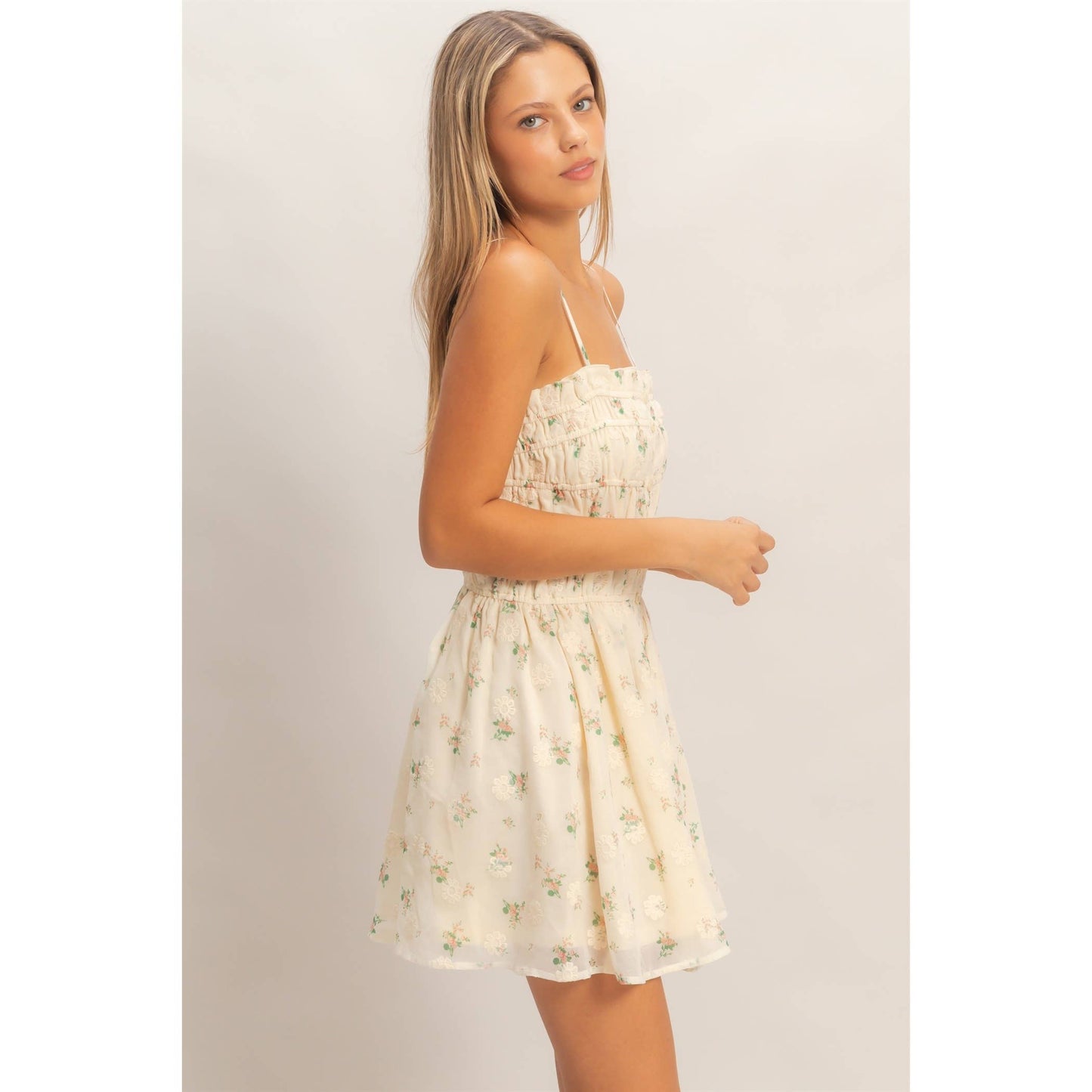 Shirred Floral Button-Front Mini: PINK / S-M-L(2-2-2)