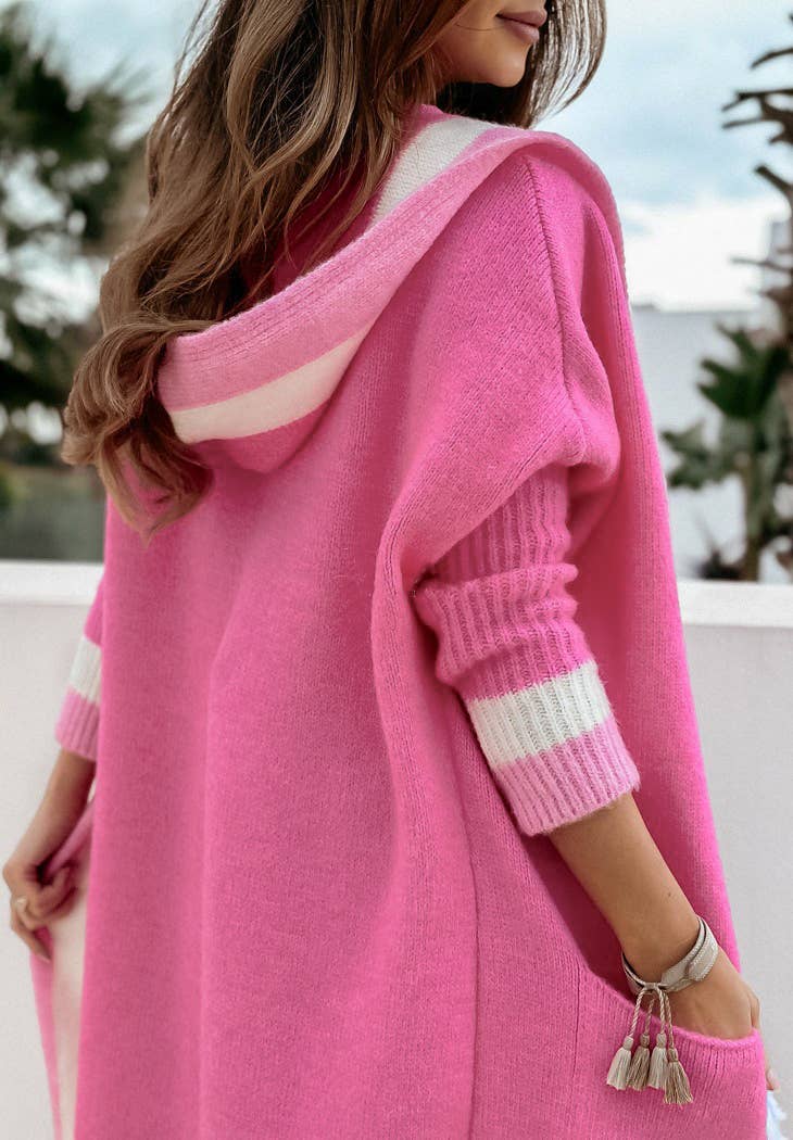 Casual versatile hooded long cardigan sweater: Rose_red / XL