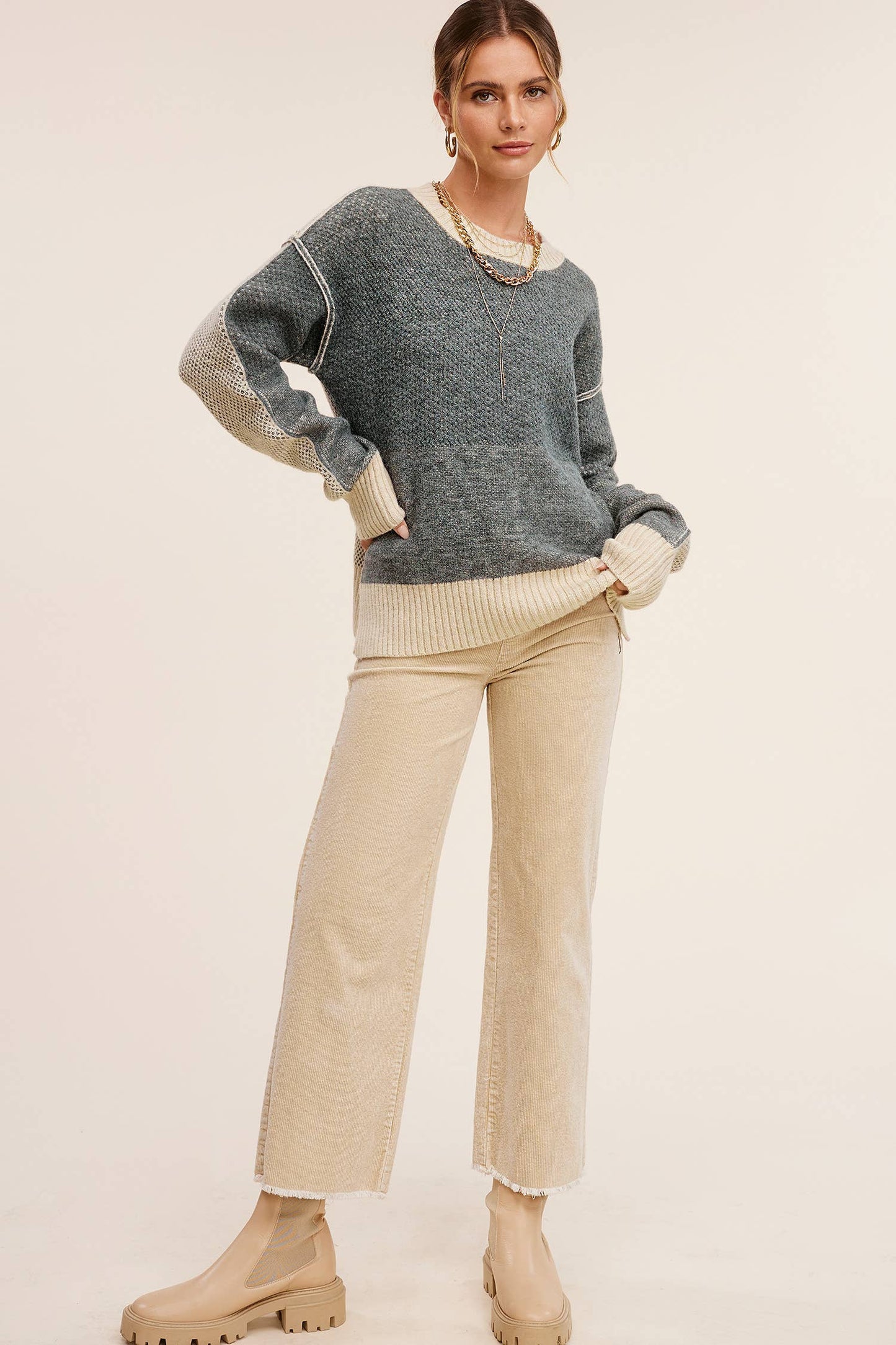 MCP4220-Mineral Washed High Waisted Wide Leg Corduroy Pants: Brown / S